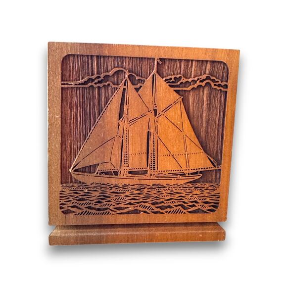 Lasercraft Other - Vintage Lasercraft Wood Double Pen Pencil Holder Lasered Sailboat Nautical 1977